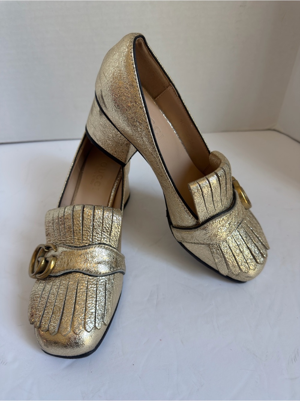 Gucci Metallic Gold Kiltie Loafers